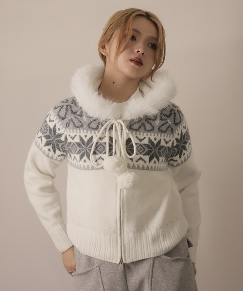 ULYSSES パーカー ノルディック柄ファー付きニットパーカー レディース