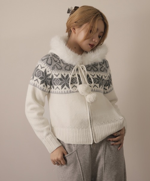 ULYSSES パーカー ノルディック柄ファー付きニットパーカー レディース