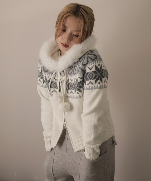 ULYSSES パーカー ノルディック柄ファー付きニットパーカー レディース