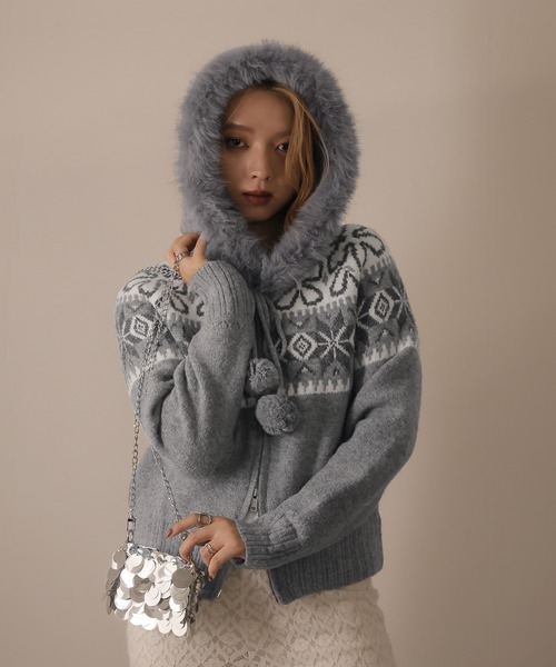 ULYSSES パーカー ノルディック柄ファー付きニットパーカー レディース