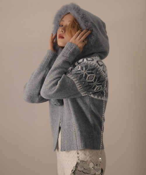 ULYSSES パーカー ノルディック柄ファー付きニットパーカー レディース