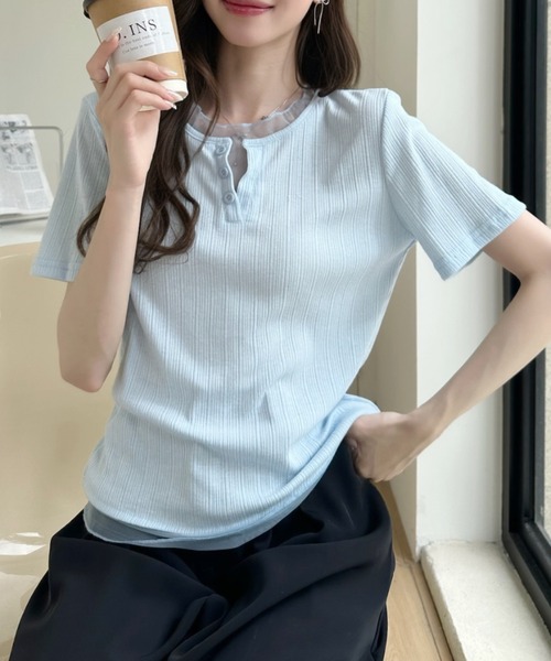 Ada. ヘンリーネック tシャツ 半袖 重ね着風 シアートリム ヘンリー