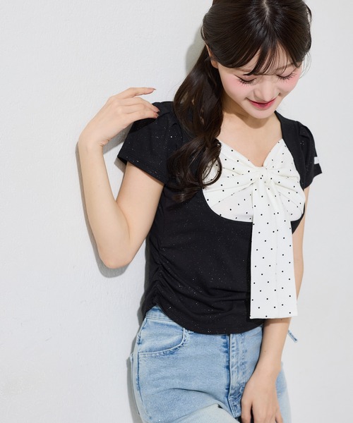フロントリボントップス one after another NICE CLAUP tシャツ 半袖 フロントリボンドッキング