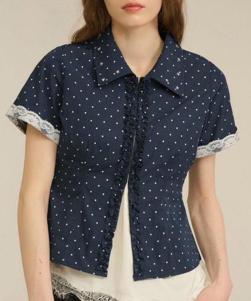hazyl ブラウス シャツ 半袖 frill studs shirt / フリルスタッズ 
