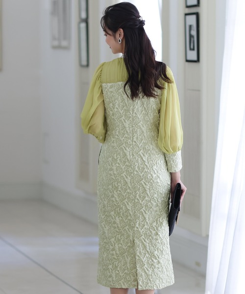 値下げ！PourVous オケージョンドレス 結婚式 同窓会 オーガンジー袖あり PourVous（プールヴー） ドレス ミモレ丈＆袖ありフォーマル