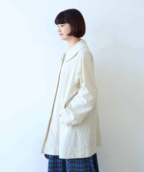 コート アウター 強撚コットン/リネン ツイル ナチュラルヴィンテージワッシャー 角衿コート レディースの画像
