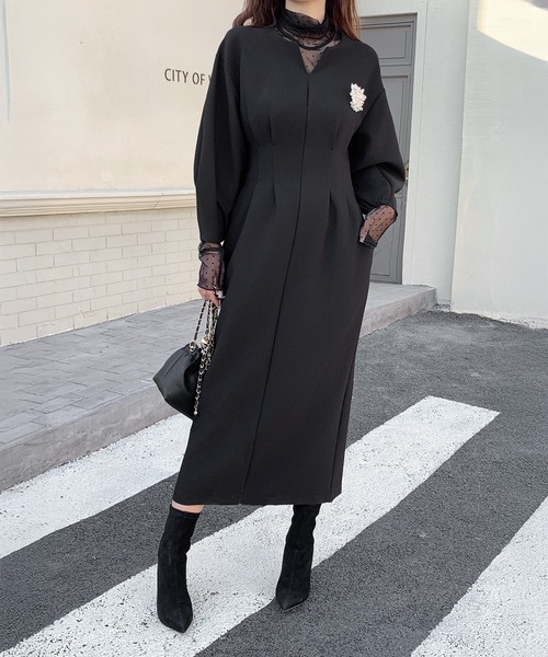 ENFOLD SOLID DRESS バルーンスリーブ ワンピース 黒 ワンピース きれいめオフィスコーデからお呼ばれや、セレモニーシーン