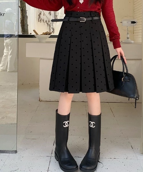 ドット柄 プリーツスカート ハイウエスト ミドル丈 Achic スカート ドットプリーツミディスカート : ZOZOTOWN Yahoo