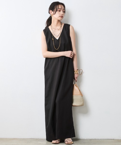 CHIC STYLE ワンピース レーヨン麻Vネックロングワンピース
