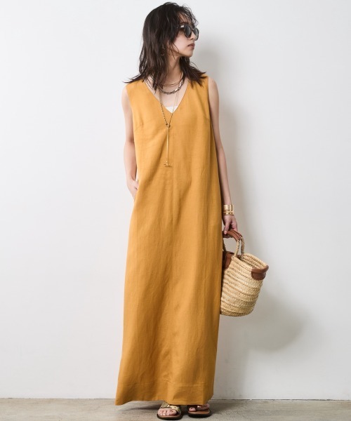CHIC STYLE ワンピース レーヨン麻Vネックロングワンピース