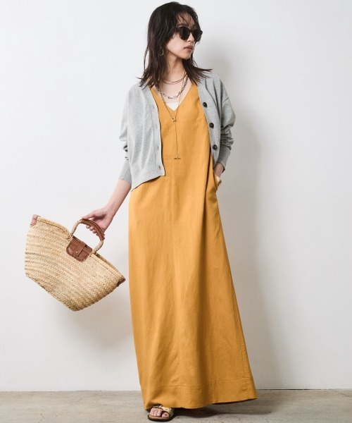 CHIC STYLE ワンピース レーヨン麻Vネックロングワンピース
