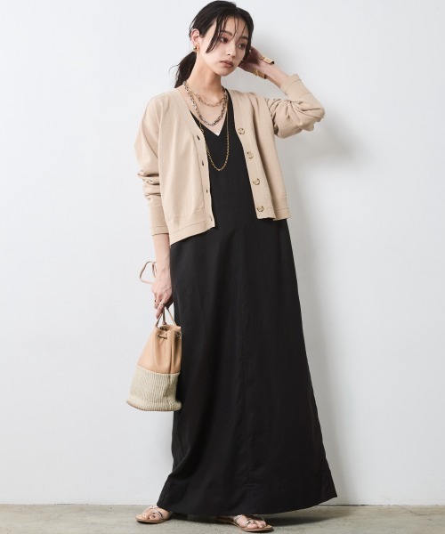 CHIC STYLE ワンピース レーヨン麻Vネックロングワンピース