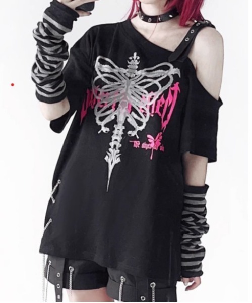 tシャツ A'GEM/9 × .kom 「AOSPACE」オフショルスカル半袖Tシャツ レディース