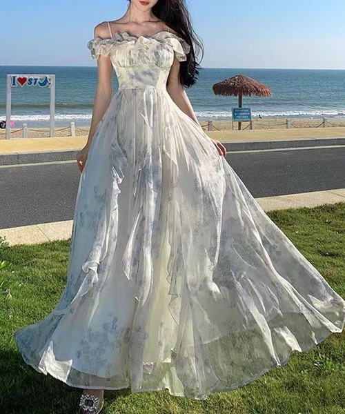 フレア ワンピース シフォン 夏 フリル オフショル 通勤 ワンピース 花柄フリル オフショルシフォンロングワンピ
