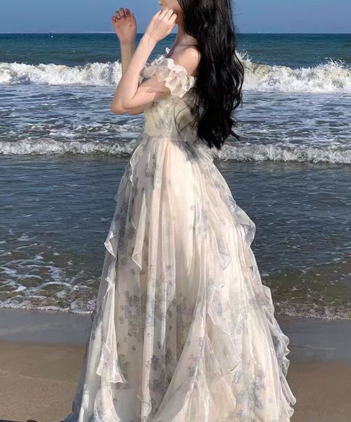 フレア ワンピース シフォン 夏 フリル オフショル 通勤 ワンピース 花柄フリル オフショルシフォンロングワンピ