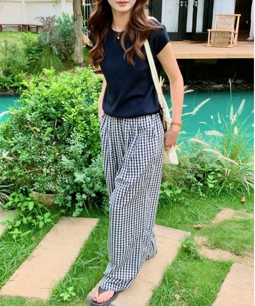 パンツ ギンガムチェック ワイドパンツ レディース : ZOZOTOWN