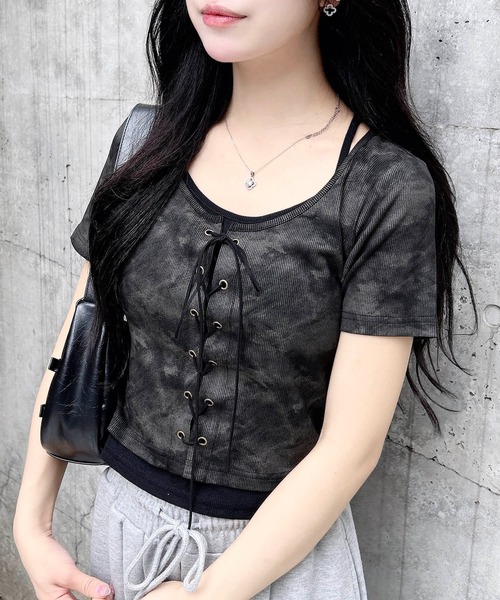 INGNI（イング） tシャツ ムラ染めキャミレイヤード風レースアップ