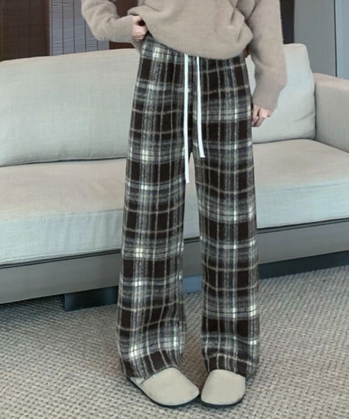 2ly2 パンツ 裏起毛であったか！チェック柄ワイドパンツ レディース
