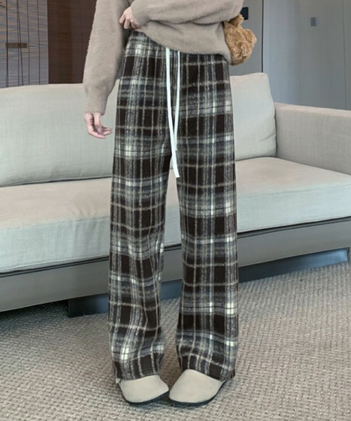 2ly2 ワイドパンツ パンツ 裏起毛であったか！チェック柄ワイドパンツ