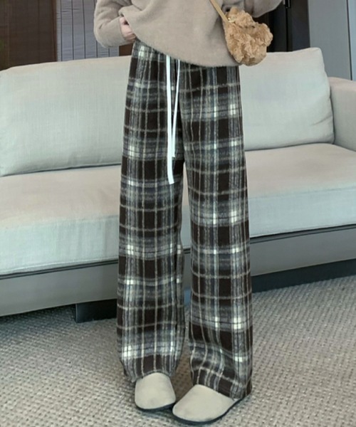 2ly2 パンツ 裏起毛であったか！チェック柄ワイドパンツ レディース