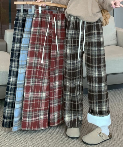 2ly2 パンツ 裏起毛であったか！チェック柄ワイドパンツ レディース