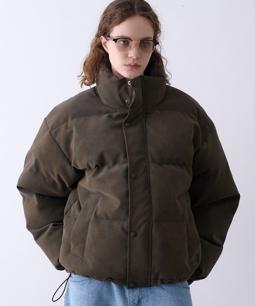 Perushu ブルゾン アウター Faux Leather Stand Collar Puffer Jacket