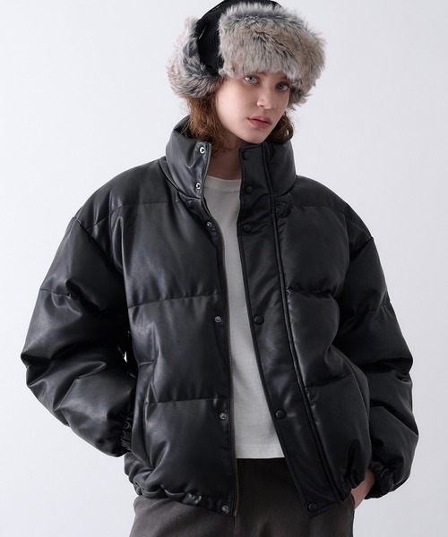 Perushu ブルゾン アウター Faux Leather Stand Collar Puffer Jacket