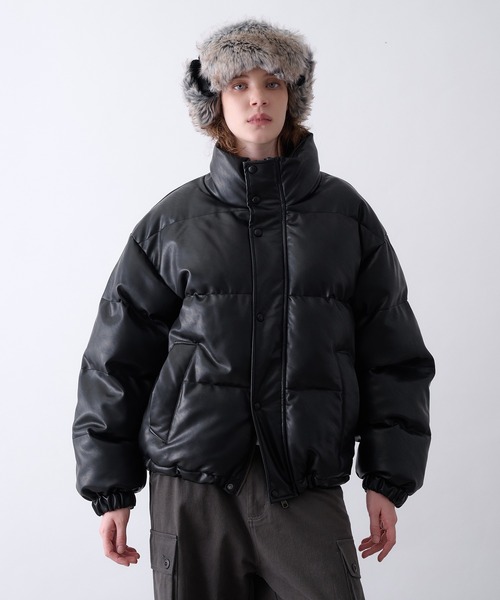 Perushu ブルゾン アウター Faux Leather Stand Collar Puffer Jacket