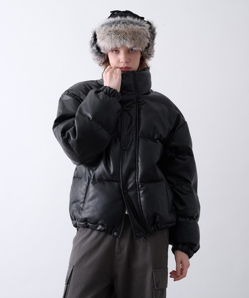 Perushu ブルゾン アウター Faux Leather Stand Collar Puffer Jacket