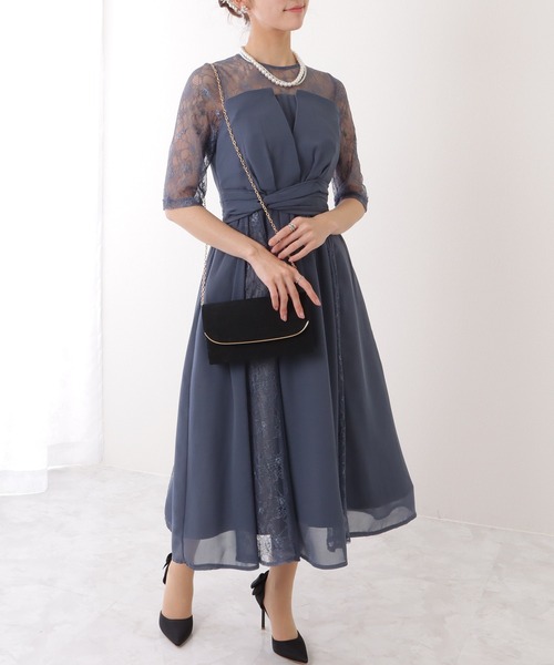 Lace Ladies ドレス レース レイヤード 5分袖 タック フレア