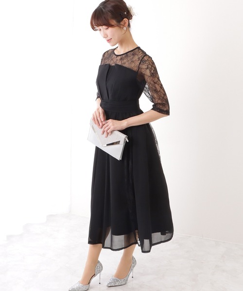 Lace Ladies ドレス レース レイヤード 5分袖 タック フレア