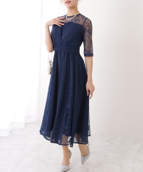Lace Ladies ドレス レース レイヤード 5分袖 タック フレア
