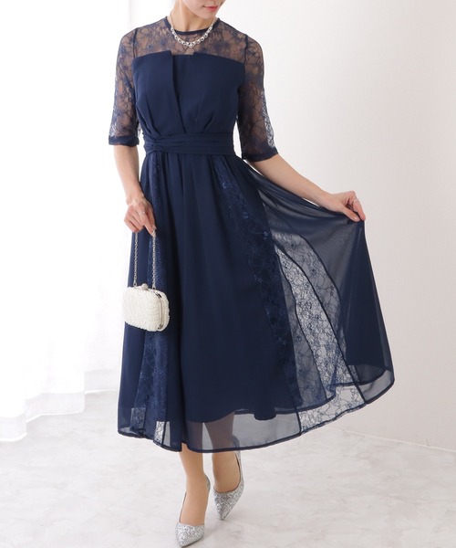 Lace Ladies ドレス レース レイヤード 5分袖 タック フレア