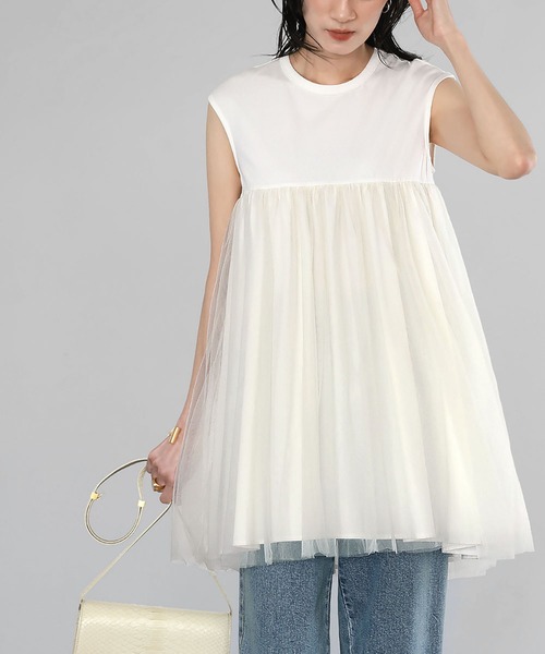 tシャツ チュールドッキングフレアトップス「洗える」 レディース