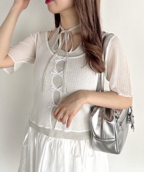 ニット セーター メニーリボンシャギーニット レディース リボン柄シャギーニットトップス [C7328] - レディース