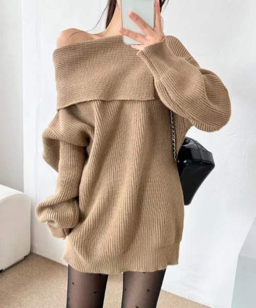 ニット セーター オフショルダー畦編みチュニックニットプルオーバー レディース ABITOKYO ニット セーター オフショルダー畦編みチュニック