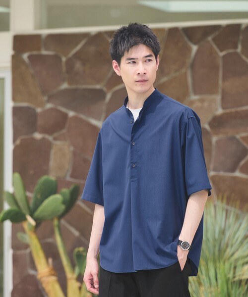 【green label relaxing】半袖シャツ バンドカラー ネイビー green label relaxing シャツ ウォッシャブルトロ バンドカラー