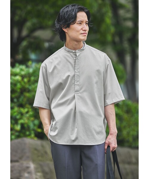 【green label relaxing】半袖シャツ バンドカラー ネイビー green label relaxing シャツ ウォッシャブルトロ バンドカラー
