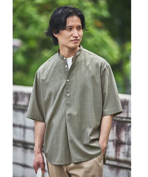 HML. プルオーバーシャツ バンドカラー シャツ グリーン Lサイズ green label relaxing シャツ ウォッシャブルトロ バンドカラー