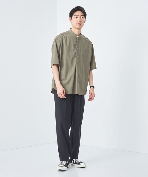 【green label relaxing】半袖シャツ バンドカラー ネイビー green label relaxing シャツ ウォッシャブルトロ バンドカラー