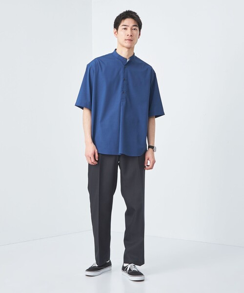 【green label relaxing】半袖シャツ バンドカラー ネイビー green label relaxing シャツ ウォッシャブルトロ バンドカラー