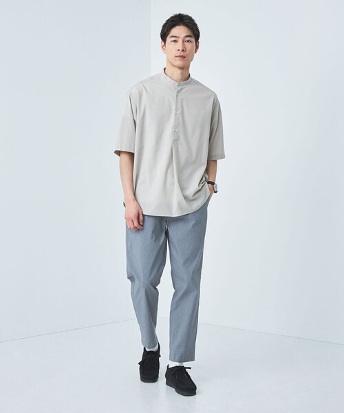 【green label relaxing】半袖シャツ バンドカラー ネイビー green label relaxing シャツ WONDER CLOTH バンドカラー 半袖