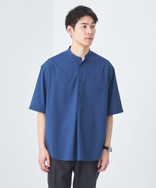 【green label relaxing】半袖シャツ バンドカラー ネイビー green label relaxing シャツ ウォッシャブルトロ バンドカラー