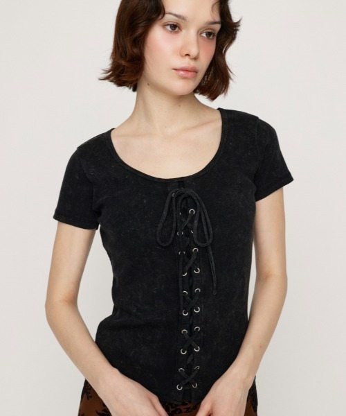 tシャツ LACE UP RIB TOPS レースアップ リブ トップス 半袖 夏服 レディース