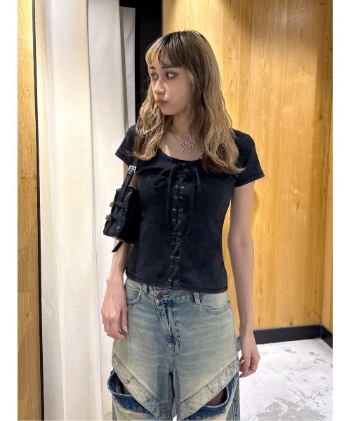 SLY（スライ） tシャツ LACE UP RIB TOPS レースアップ リブ トップス