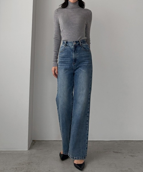 【ライトブルー】Louere ストレッチハイウエストストレートデニムパンツ Louere（ルエレ） ジーンズ デニム デニムパンツ ストレッチハイ