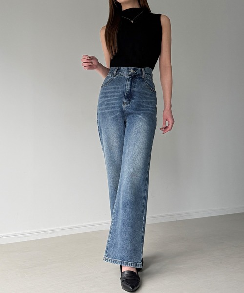 【ライトブルー】Louere ストレッチハイウエストストレートデニムパンツ Louere（ルエレ） ジーンズ デニム デニムパンツ ストレッチハイ