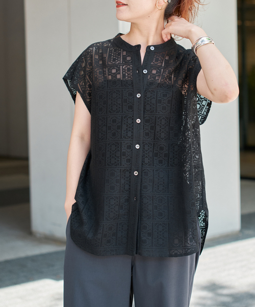 ブラウス シャツ 「追加」PEレースフレンチスリーブシャツ レディースの画像