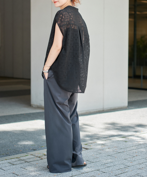 ブラウス シャツ 「追加」PEレースフレンチスリーブシャツ レディースの画像