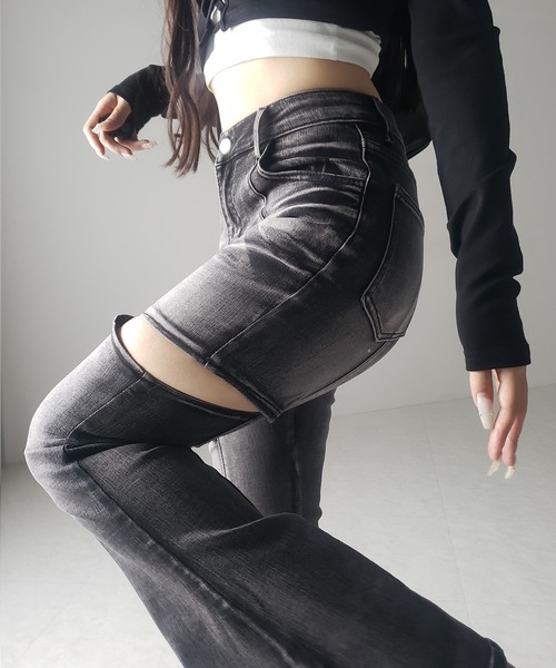「me+em select」 ブーツカットデニムパンツ LARGE ブルー レディース_画像2